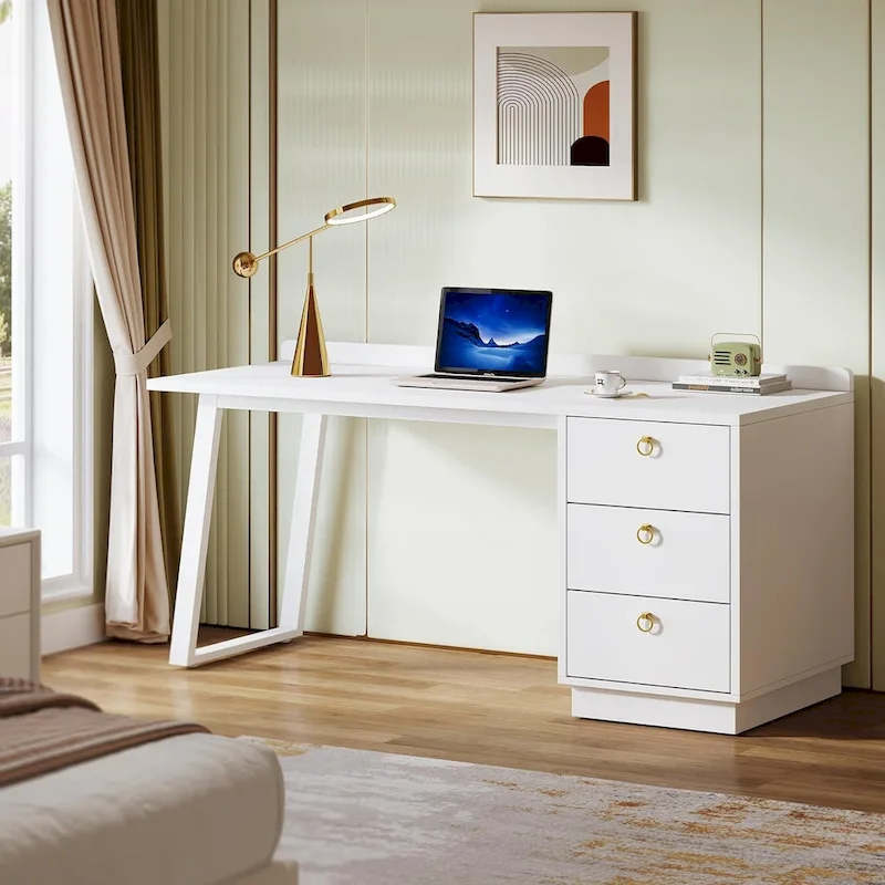 White Computer Desk with Drawers, 55 Inches Modern Home Office Desk with Storage