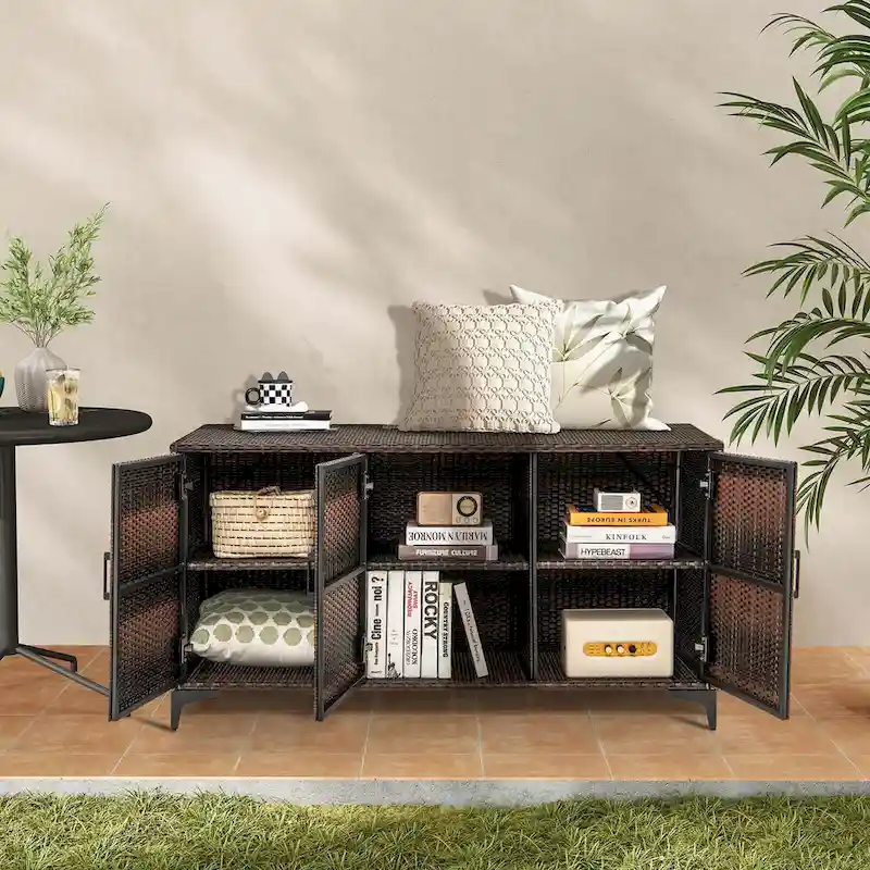 Costway 84 Gallon 3-Door Patio Wicker Storage Cabinet Deck Box with - See Details