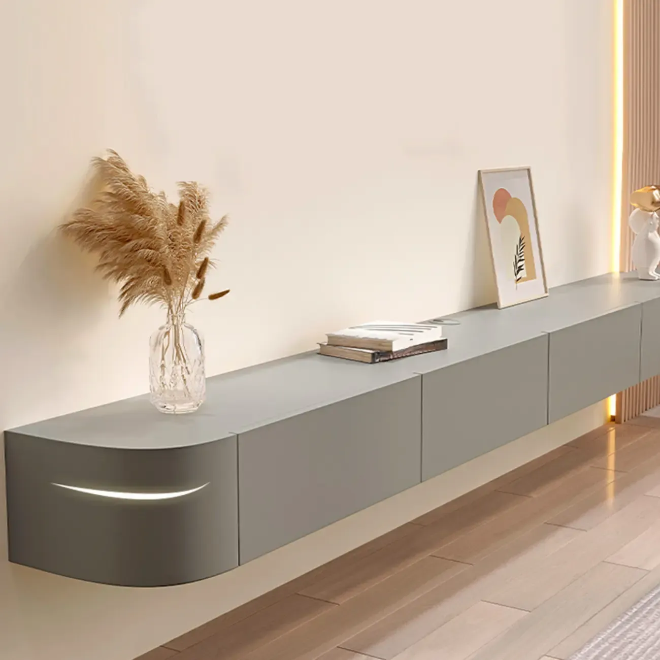 87 Grey Solid Wood Long Floating TV Stand with Drawers