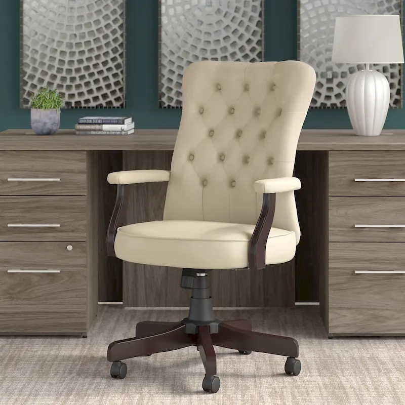 High Back Tufted Office Chair with Arms, Button Tufted, Espresso Wood Base, 275 lbs Capacity