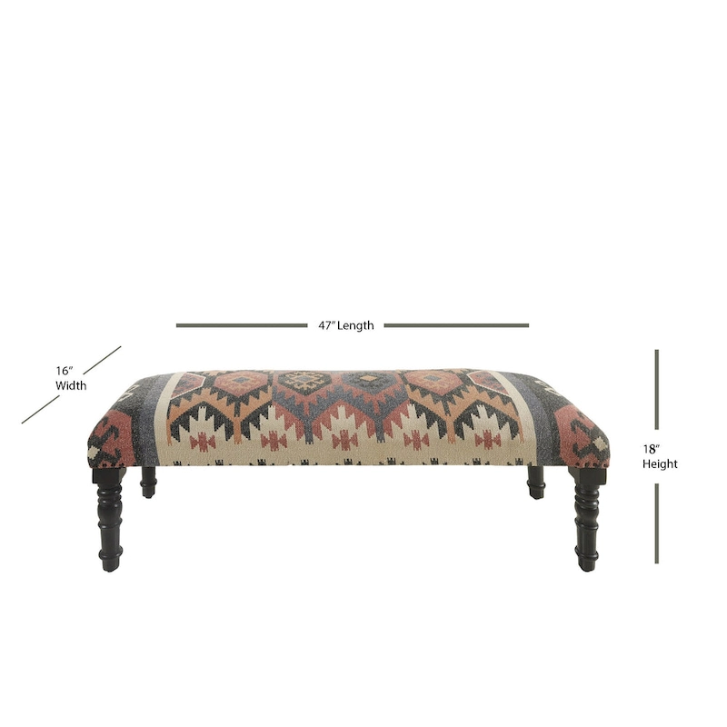 HomeRoots 47 Beige Brown and Rust and Black Jute and Wool Blend Upholstered Southwest Distressed Bench - 47 x 18 x 16
