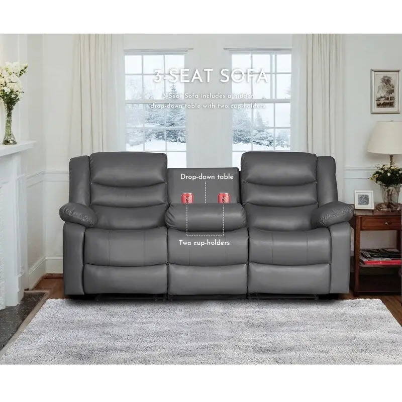 Faux Leather Manual Reclining Living Room Sofa with Dropdown Table and Console