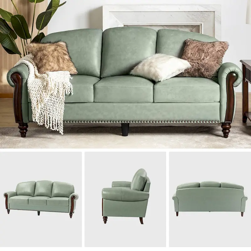 84 Traditional Genuine Leather Sofa with Carved Wood Legs