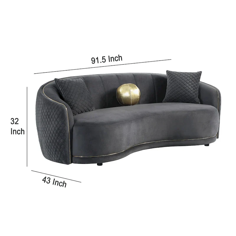 Buo Curved Sofa, 92 Inch, Dark Gray Polyester, Gold Trim, 3 Pillows