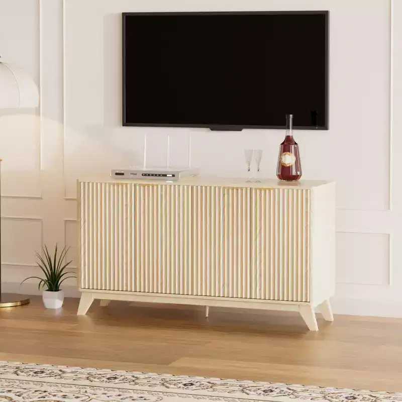 VINGLI Fluted Sideboard Buffet Cabinet with Storage, Storage Cabinet with Doors and Adjustable Shelves, Buffet for Kitchen, Natural Oak