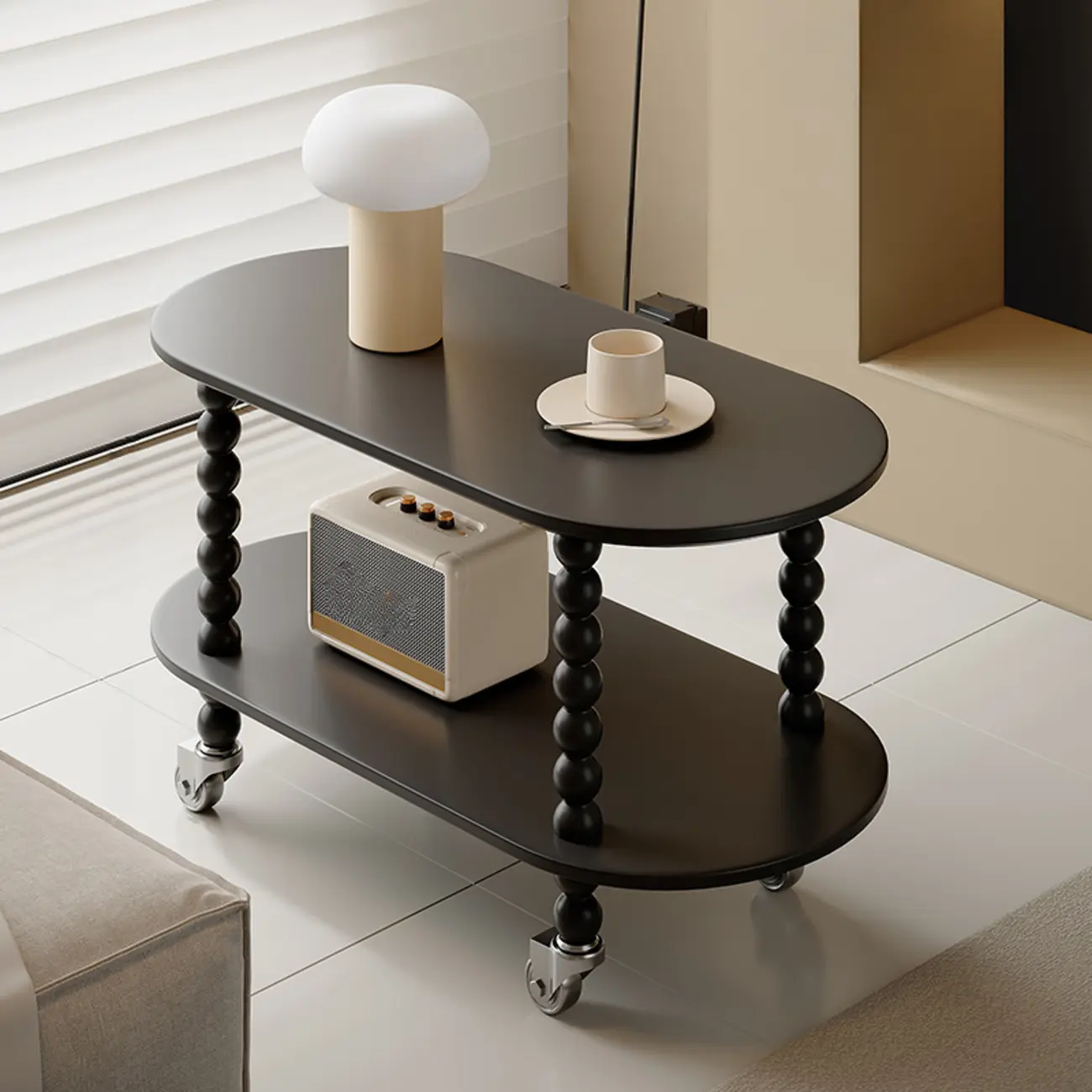 Black Oval Wooen 2-Tier Storage Rolling Side Table