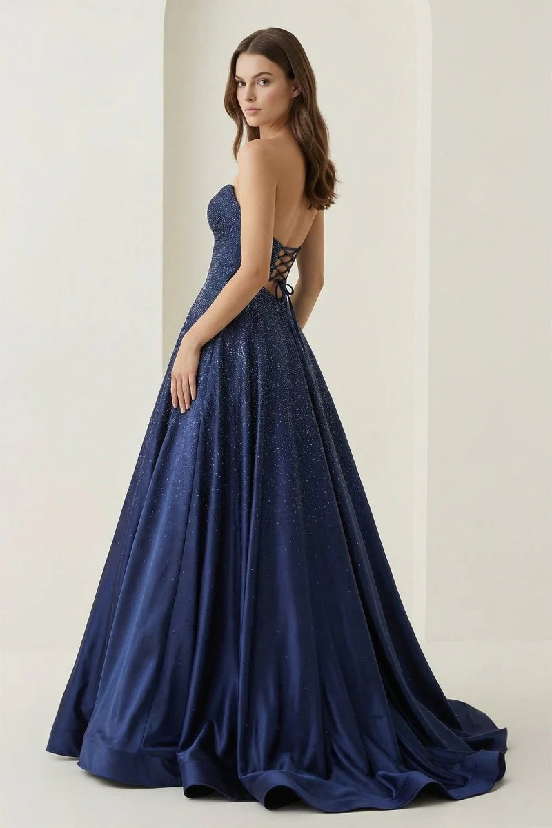Sky Blue Strapless A Line Satin Beaded Long Prom Dresses With Cutout