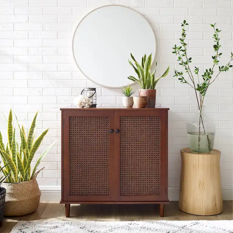 Natural Bamboo / Walnut Woven Rattan Accent Cabinet with Sliding or Standard Doors – Single Unit