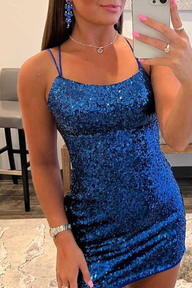 Royal Blue Bodycon Scoop Neck Sequins Mini Party Dresses