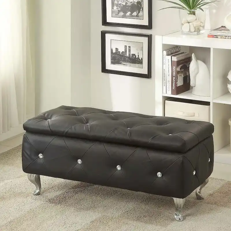 Tufted Storage Bench with Cabriole Legs, Single Seat (White / Black / Silver / Purple / Gold / Grey)
