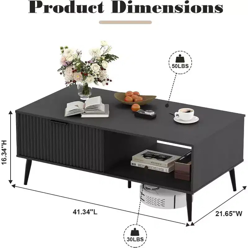 Acekool Mid-Century Modern Coffee Table with Sliding Door & 2-Tier Storage, Solid Wood Legs  Wooden Cocktail Table for Living Room & Office