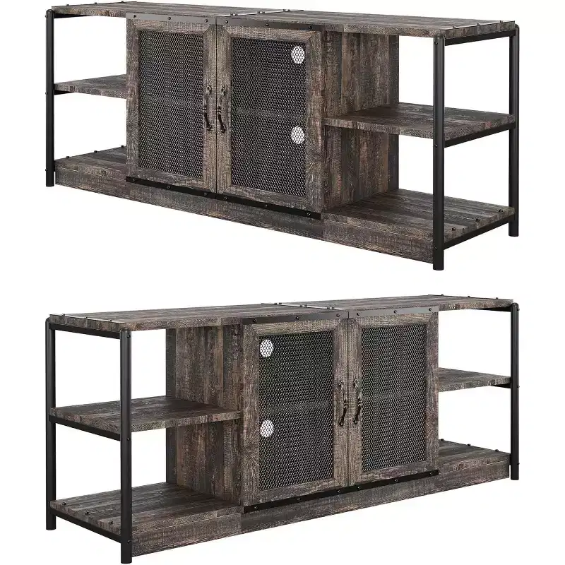 Modern Farmhouse TV Stand with 2 Mesh Doors and Storage Cabinets for Televisions Up to 70 Inch, Wood Entertainment Center Console Table
