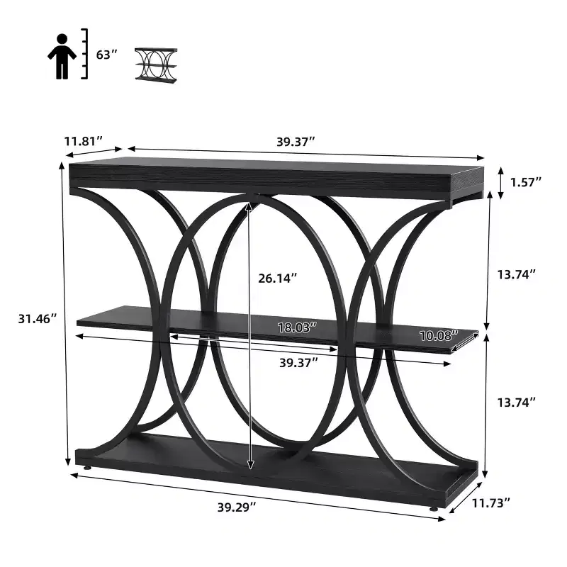 39 Industrial Entryway Table, 3 Tier Narrow Long Sofa Table, Behind Couch Console Table with Metal Frame for Living Room Hallway Foyer