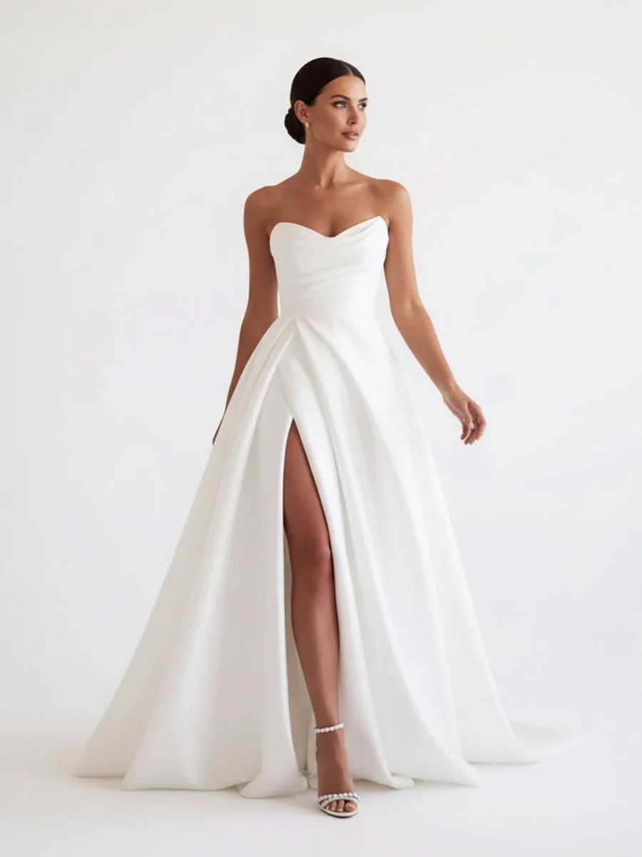 A-Line White Sleeveless Satin Wedding Dress With Side Slit