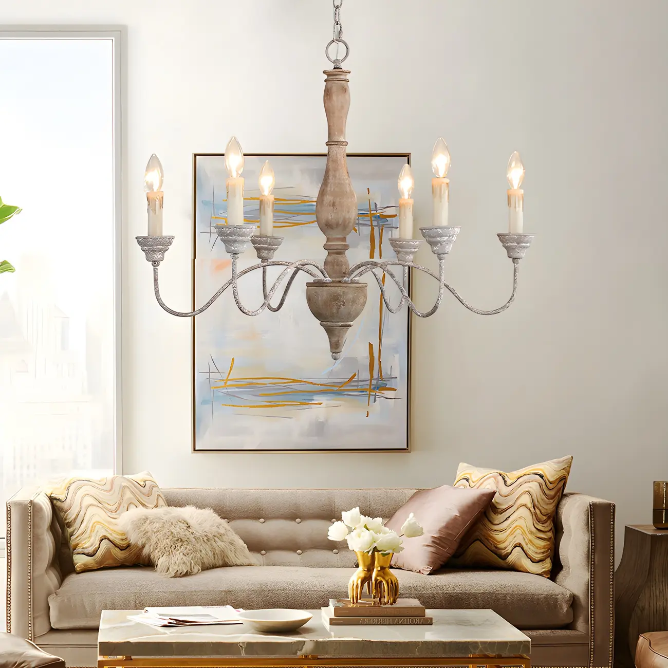 6-Light Classic Wooden Candelabra Chandelier with Chain Mount