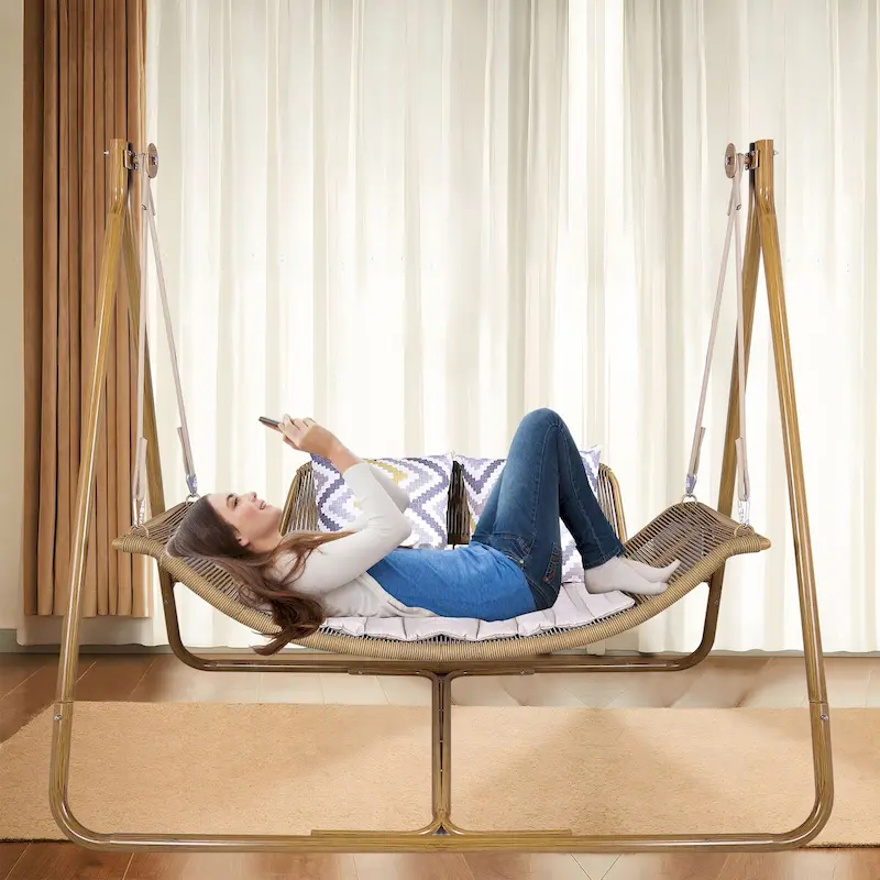 Hammock Swing Chair with Stand, Anti-Rust Wood-Colored Frame 570 lbs Capacity with Cushion Oversized Double Hammock Chair