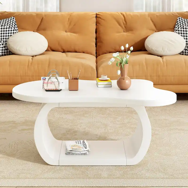 Modern Cloud Coffee Table with 1.5 Thick Tabletop,Cream Style Irregular End Table with Curved Legs,Unique Design Accent Table