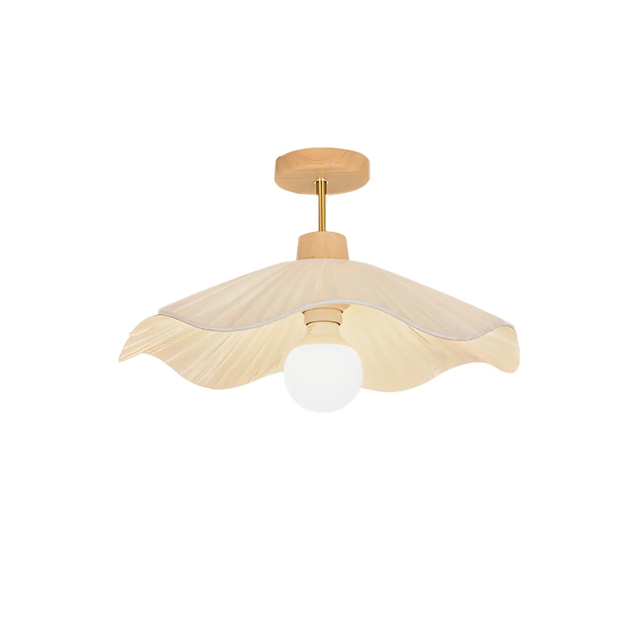 Natural Finish Wood Semi Flush Ceiling Light with Fabric Shade