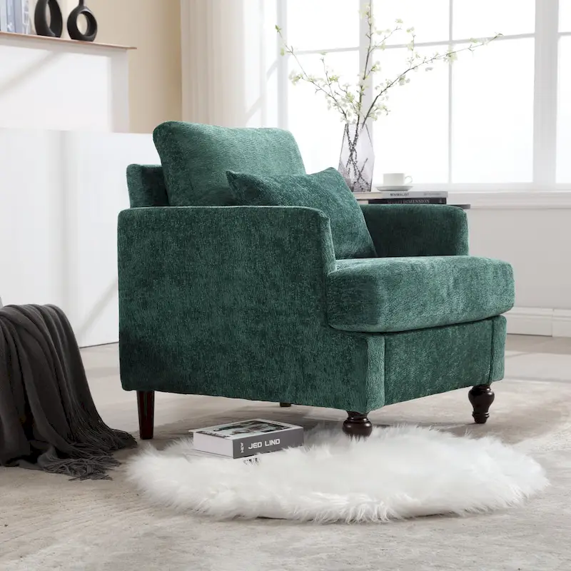 Emerald Modern 29.53 Chenille Upholstered Arm Chair with Solid Wood Frame and Pillows