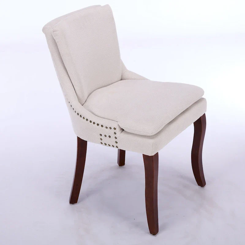 Double-layer Cushioned Dining Chairs Set of 2 Chenille Mid-Back Chair with Nailhead Trim Side Chair with Bent Wood Legs