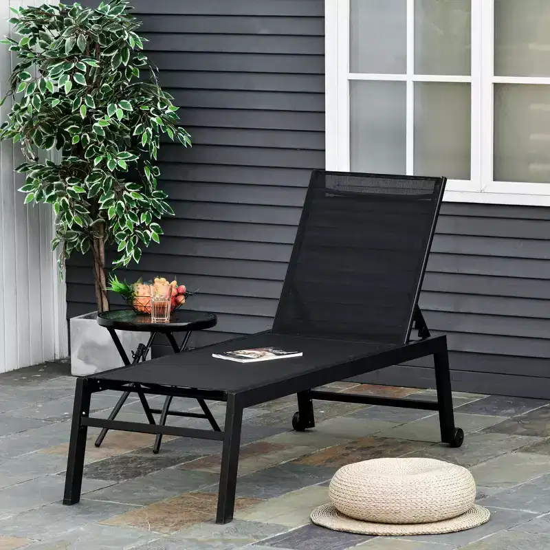 Outdoor Chaise Lounge with Wheels, Five Position Recliner for Sunbathing, Suntanning, Steel Frame, Breathable Fabric for Beach, Patio