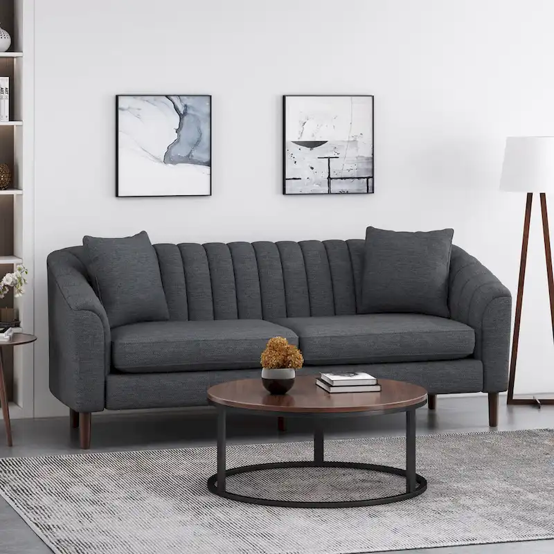 Channel-Tufted Sofa with Sloped Arms & Walnut Legs – Blush / Beige / Cloud Gray / Charcoal / Navy Blue, Mid-Century Modern, Seats 3