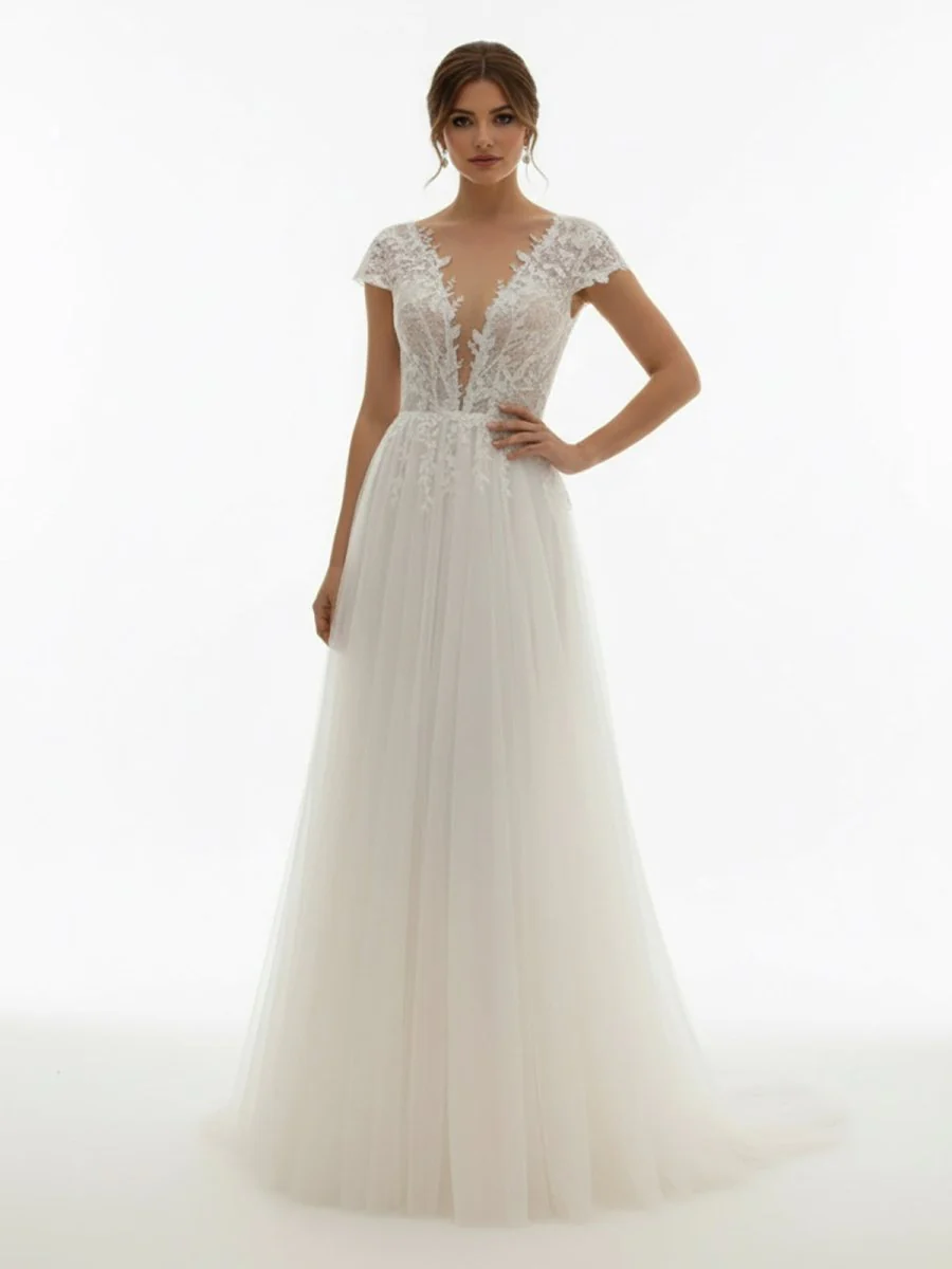 Sexy A Line Plunging Neckline Tulle Sweep Train Wedding Dress with Appliques