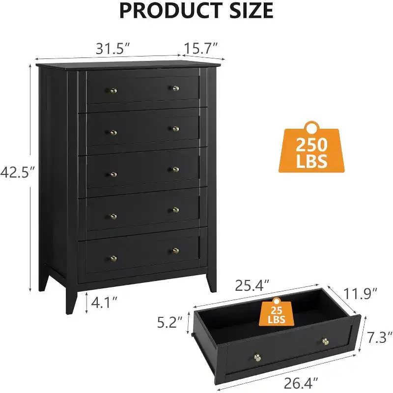 Black 5-Drawer Tall Modern Wood Dresser for Bedroom, Living Room, Hallway, Entryway & Closet