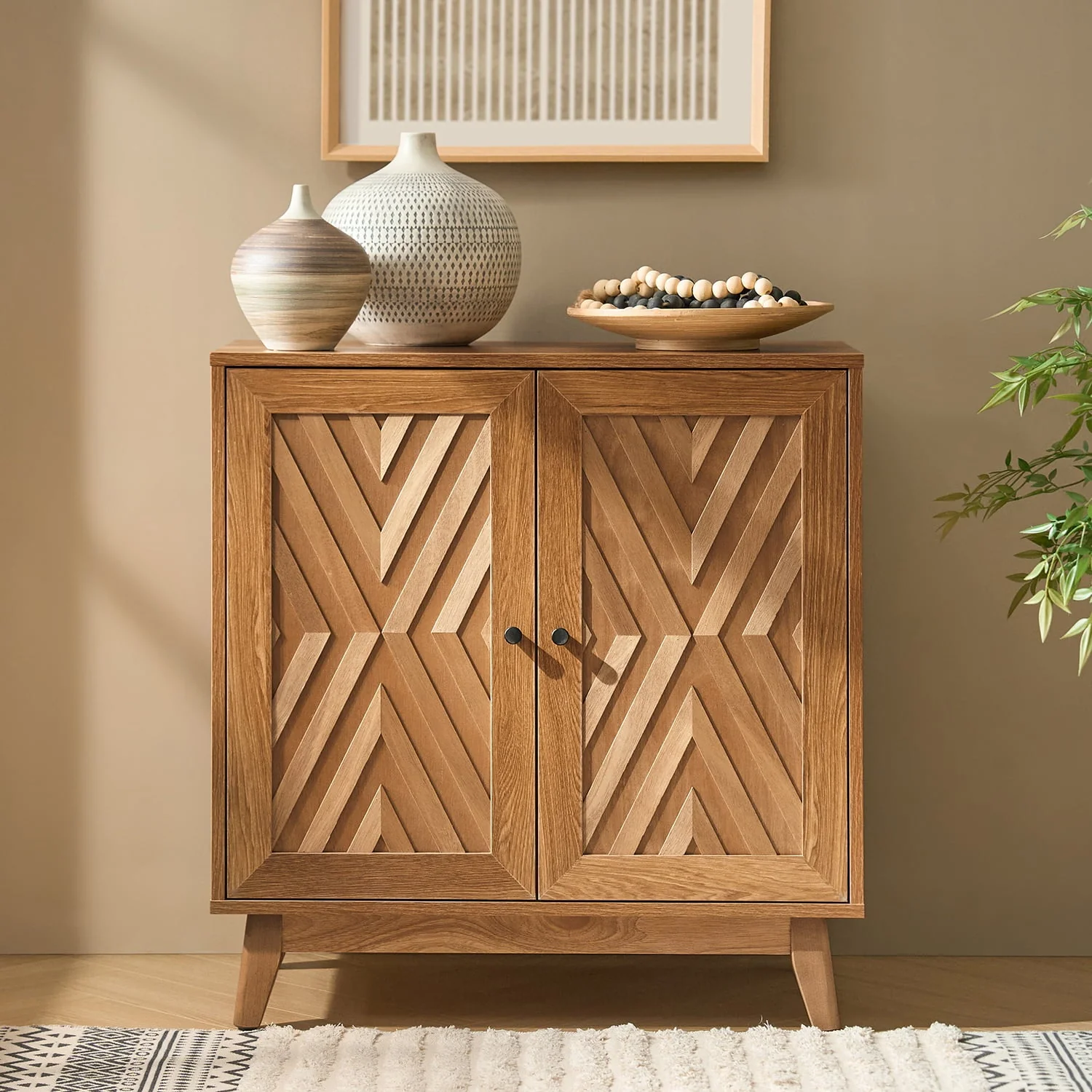 30 in Tall Chevron Pattern 2-Door Accent Cabinet with 3 Adjustable Shelves, Cable Management & Rubberwood Legs | Walnut / Black | Single