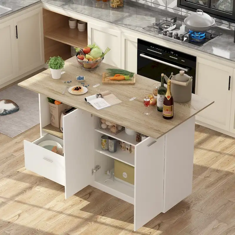 Oak and Brown Extendable Kitchen Island with Storage