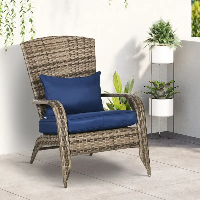Patio Wicker Adirondack Chair, All-Weather Rattan Fire Pit Chair Soft Cushions, Tall Curved Backrest and Armrests