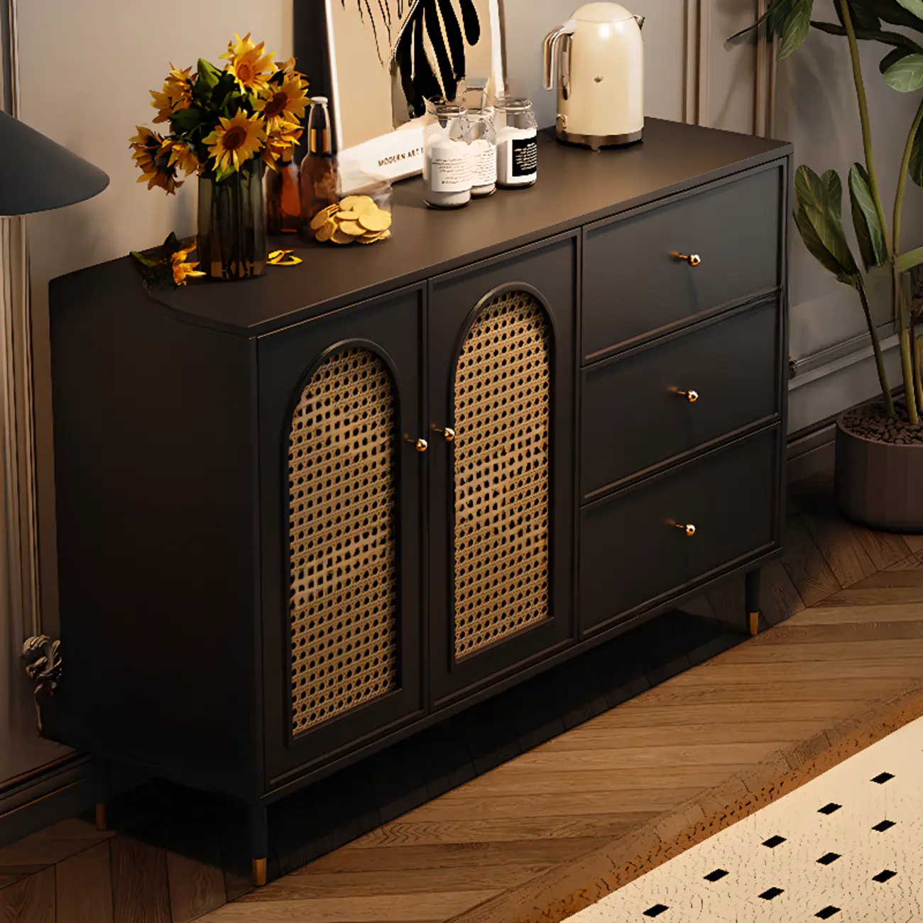 Traditional 3-Layer Rattan Wooden Black Sideboard Cabinet
