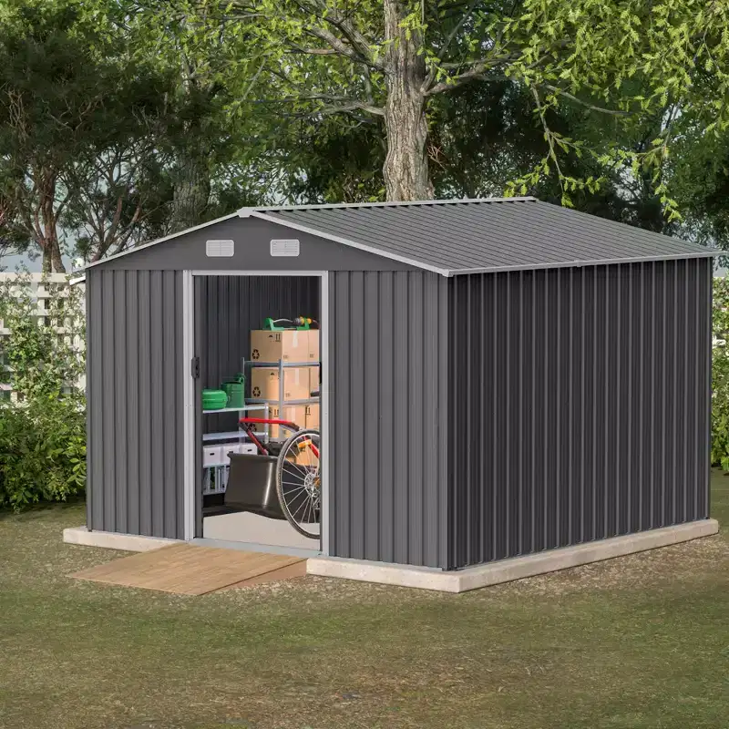 EAGLE PEAK 10X8 FT Outdoor Storage Shed, Durable Metal Garden Shed with Lockable Sliding Door for Garden, Patio, Backyard, Lawn, Grey