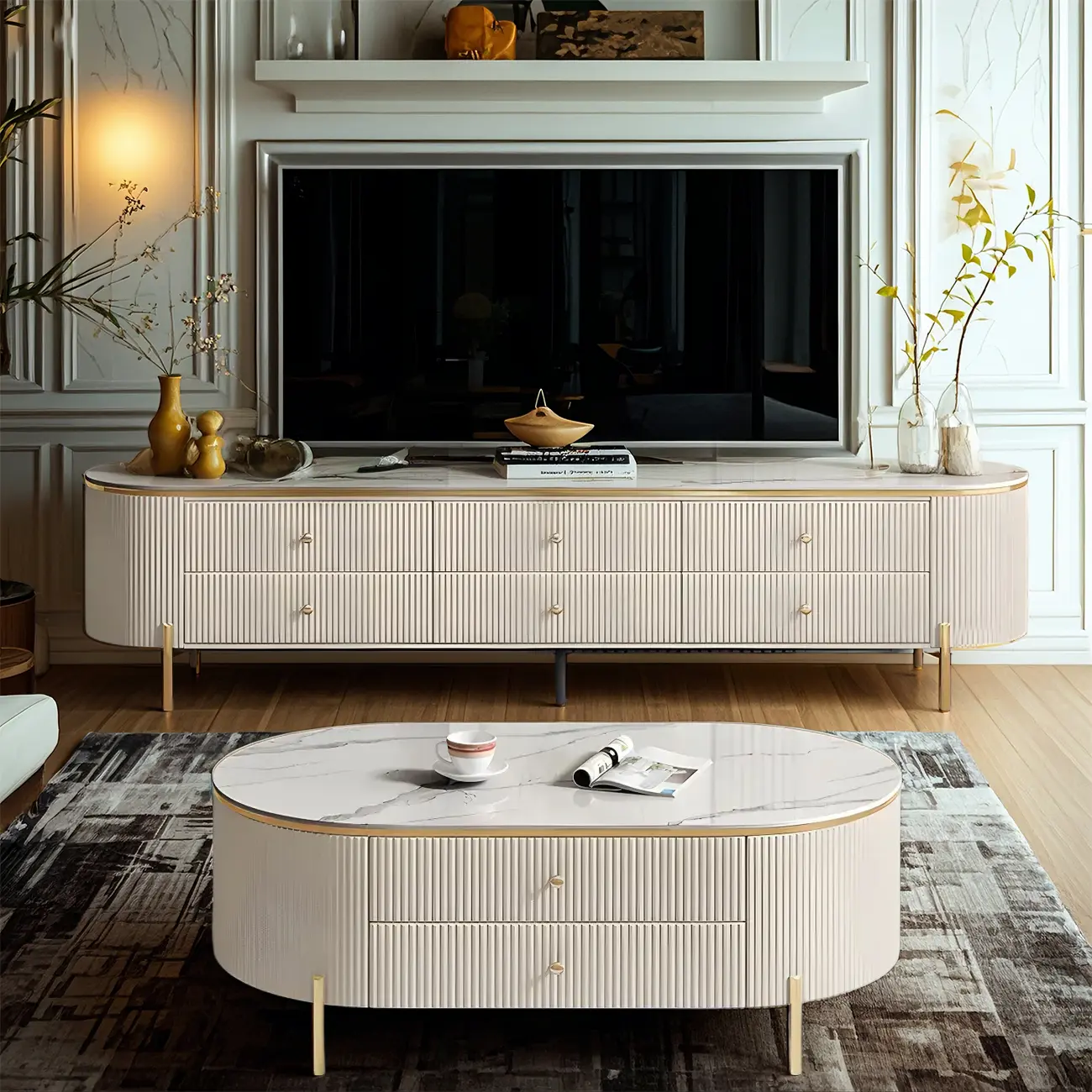 6-Drawer Contemporary White Stone TV Stand with Legs