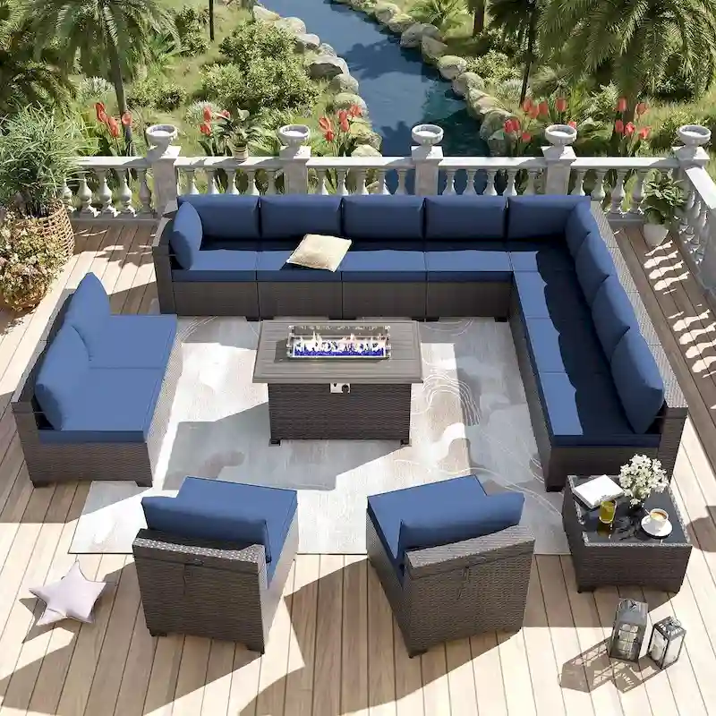 Kullavik 14 Pieces Outdoor Patio Furniture Set with Fire Pit Table
