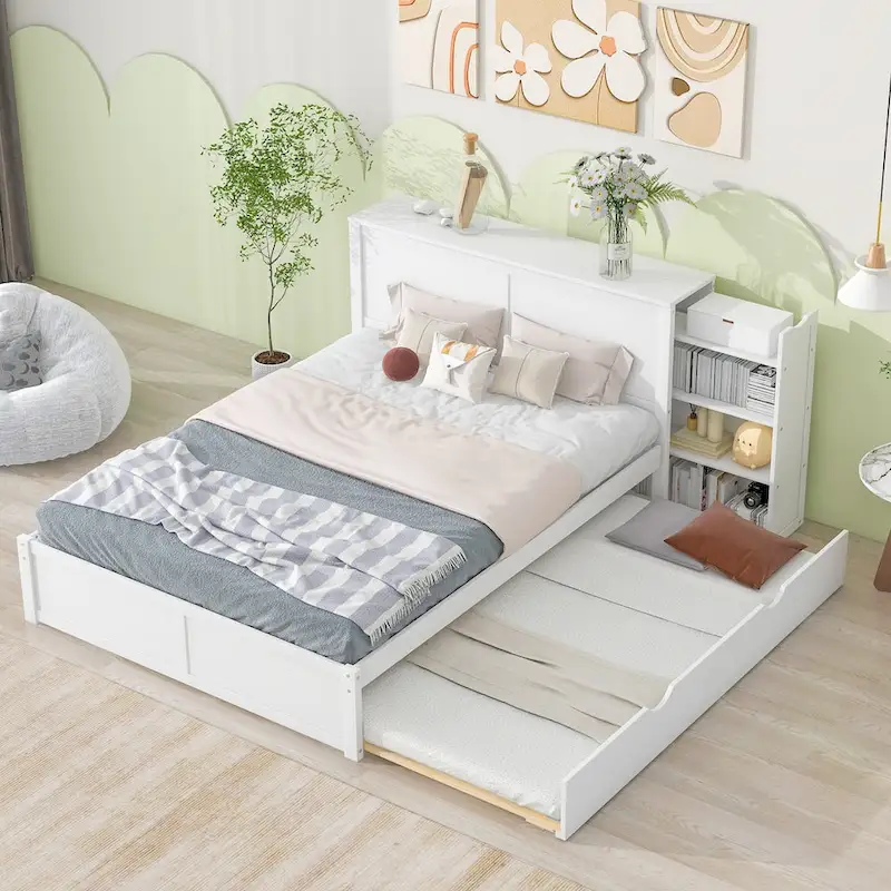 Storage Platform Bed with Pull Out Shelves and Trundle