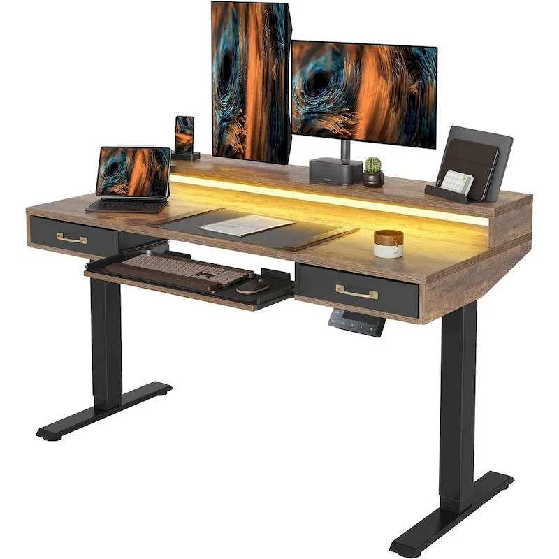 FEZIBO Height Adjustable Electric Standing Desk with Double Drawers&Keyboard Tray, Stand Up Desk with LED Strips