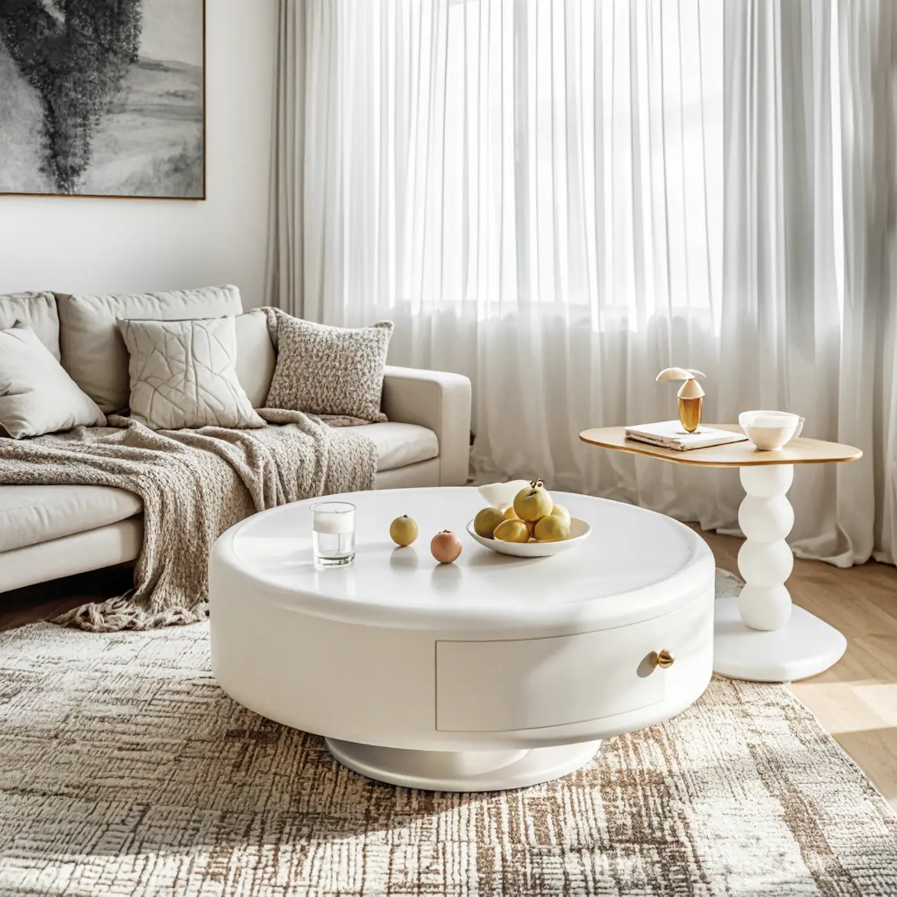 Modern White Round Wood Coffee Table with Drawer