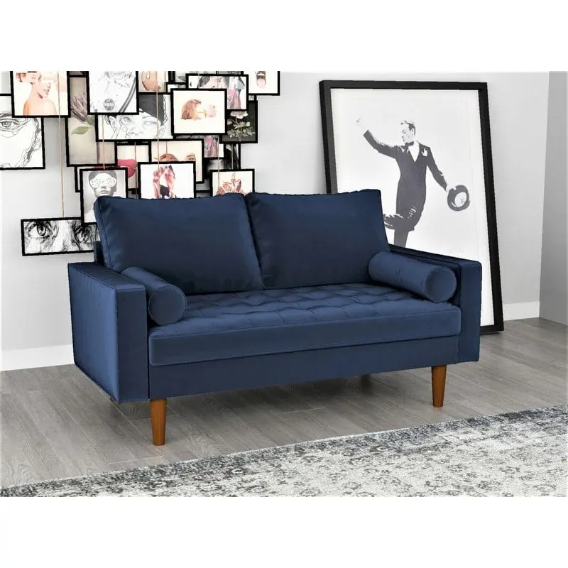 Eggplant / Cyan / Golden Rod / Black / Grey / Space Blue / Prussian Blue Mid-Century Velvet Button-Tufted Loveseat with Wood Legs – Seats 2