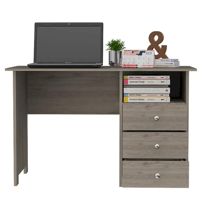 Freestanding Computer Desk with 3 Drawers and Open Shelf, Grey