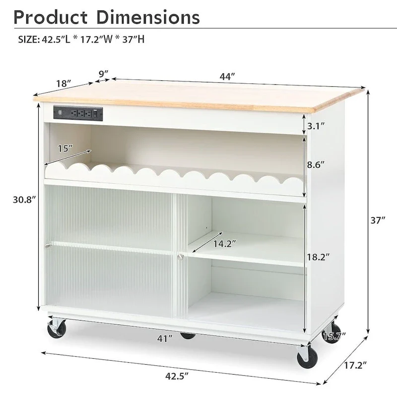 Multi-Functional Kitchen Island Cart with Drop Leaf, LED Light, and Power Outlets