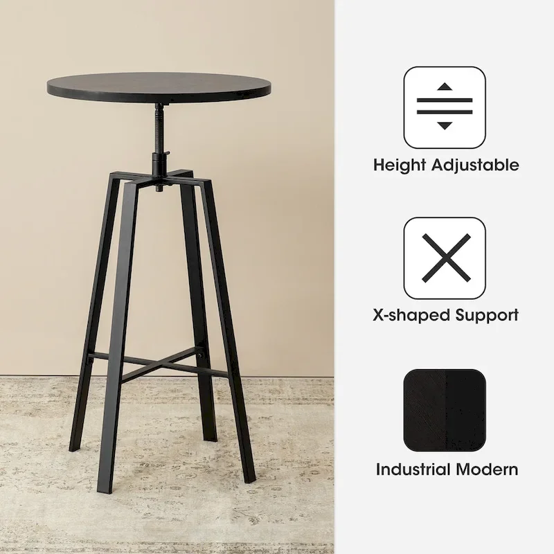Glitzhome Industrial Wood Top Adjustable Swivel Round Pub Bar Table