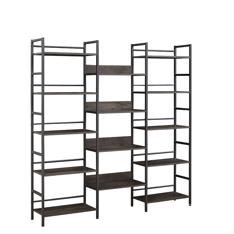 Triple Wide 5-shelf Bookshelves Industrial Retro Wooden Style Home and Office Large Open Bookshelves