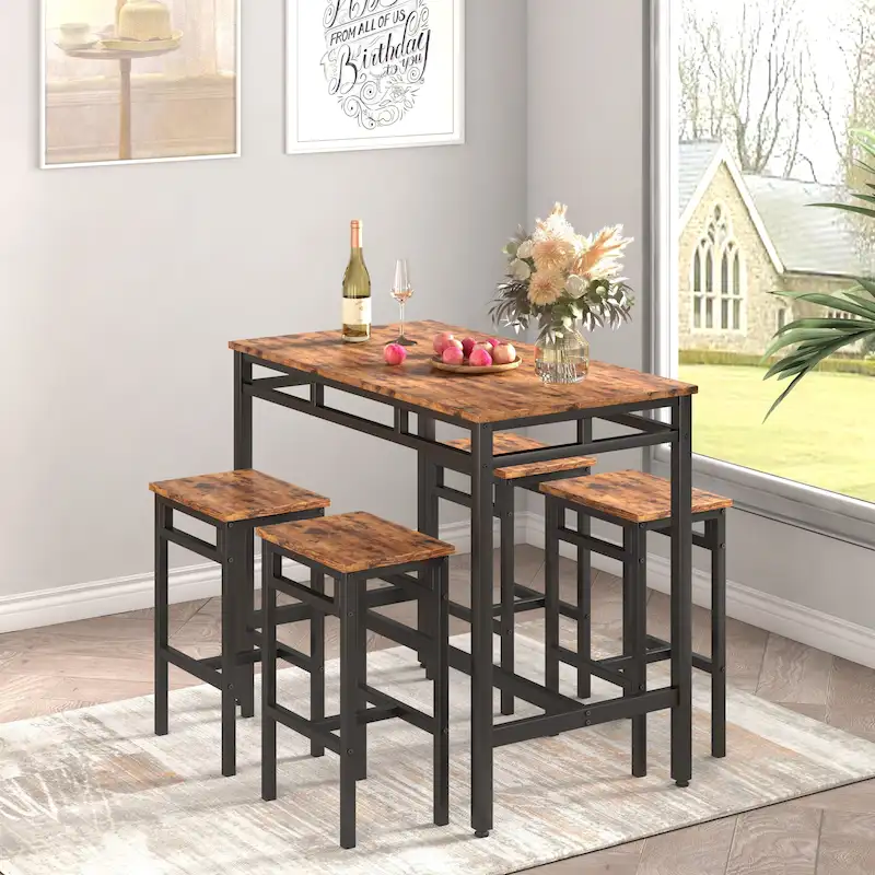Counter Height Dining Table Set with 4 Bar Stools Metal Frame Vintage Wooden Tabletop Rectangular Dining Table, 5-Piece
