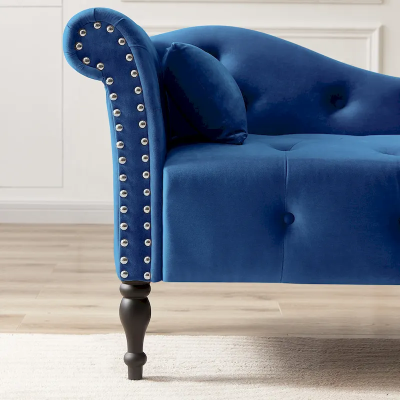 Modern 60.6 Velvet Upholstered Buttons Tufted Chaise Lounge Chair with Solid Wood Legs and Nailheads