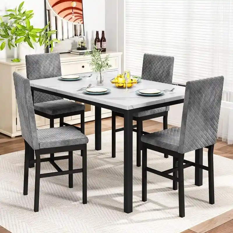 Grondin 5-Piece Dining Room Table Set with Faux Marble Table Top and Diamond Stitching Velvet Upholstery Dining Chairs