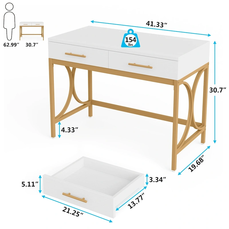 Modern Computer Writing Desk with 2 Drawers, White and Gold Home Office Desk, Makeup Vanity Table