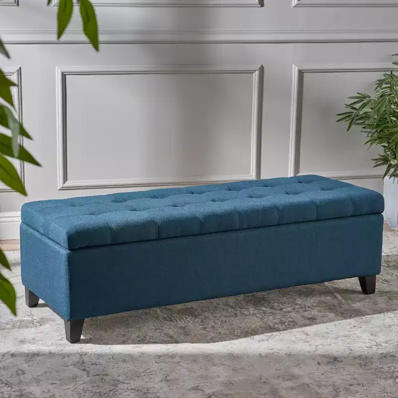 TUYOHW Storage Ottoman with Tufted Waffle Stitching, Storage Bench with Wooden Legs, Entryway Bench for Living Room, Bedroom, Navy Blue