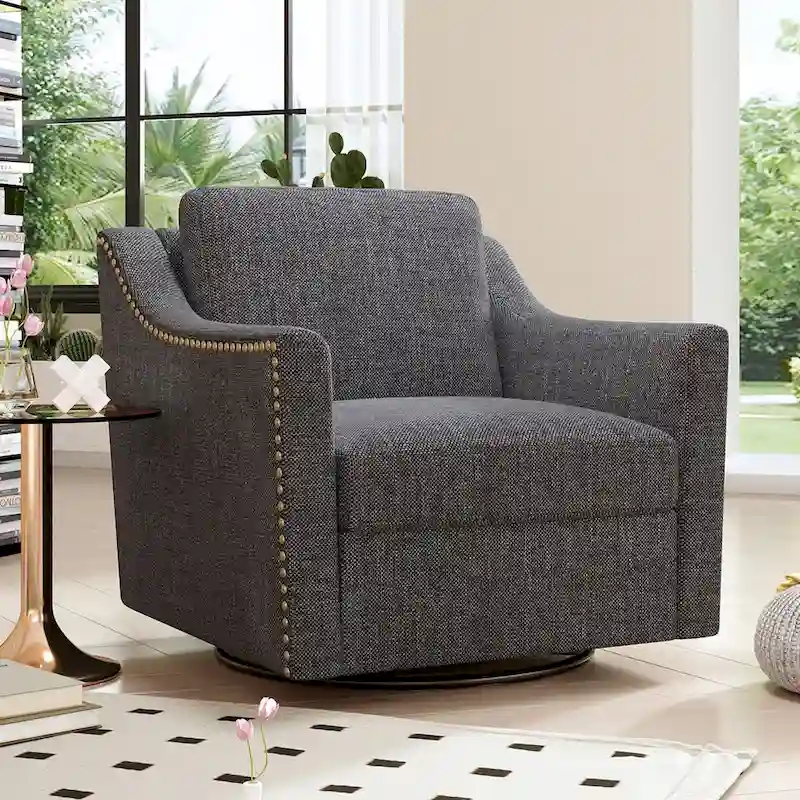 Smoke / White / Grey Swivel Barrel Accent Chair, Cotton Linen, Brass Nail Trim, Black Legs, Single