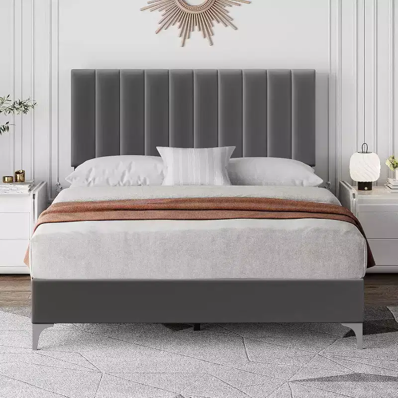 Queen Size Upholstered Bed Frame with Adjustable Headboard, Sturdy Bed Frame, Noise Free Sleep, No Box Spring Needed, Easy Assembly, Grey